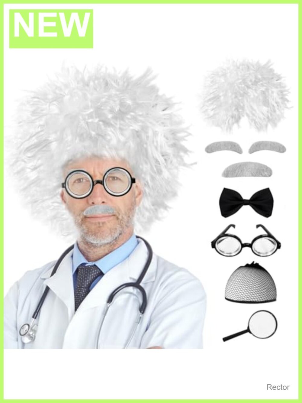 Mad Scientist Costume Wig Set with Glasses, Mustache, Bow Tie, 8 Pcs